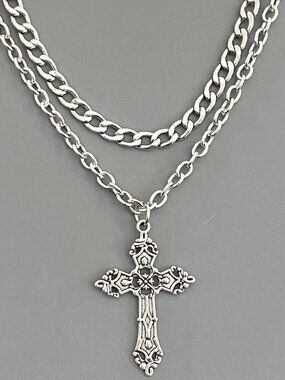 NEW, 2 pcs/set layered silver necklaces, big GOTHIC CROSS, edgy punk goth